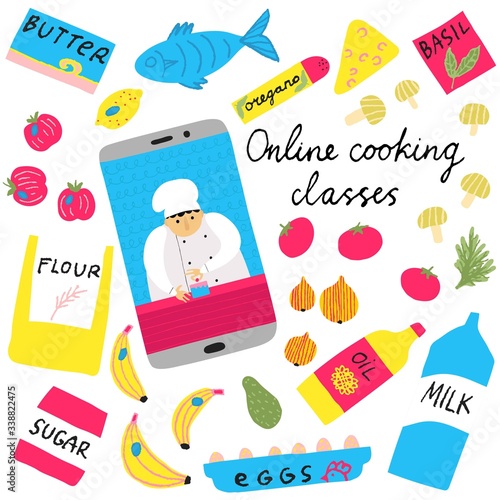 Online cooking classes sign drawn by hand. Collection set of groceries and mobile phone. Funny chef preparing food on cell phone screen. Live stream. Video courses. Stock vector illustration.
