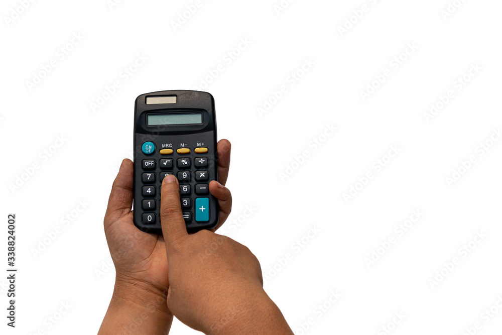 Hand holding calculator isolated on white background. Hand holding calculator isolated on white background.