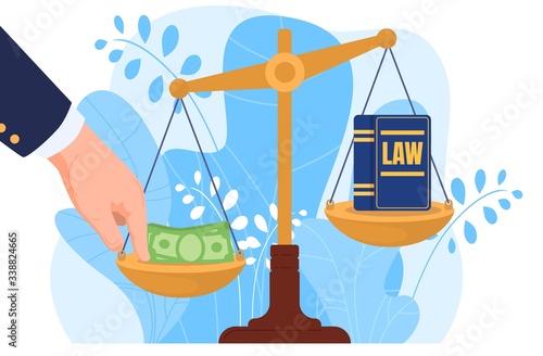 Corruption, hand put money on scale, bribery, law, isolated on white, flat vector illustration. Corrupt practices in legal system, jurisprudence, judicial practice, design banner, leaf background.