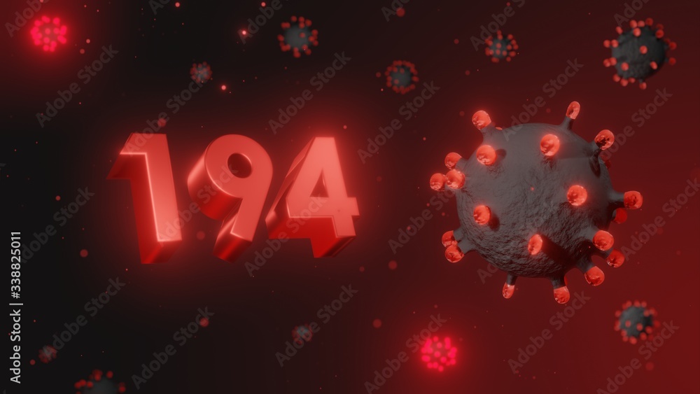 Number 194 in red 3d text on dark corona virus background, 3d render, illustration, virus Number 194 in red 3d text on dark corona virus background, 3d render, illustration, virus
