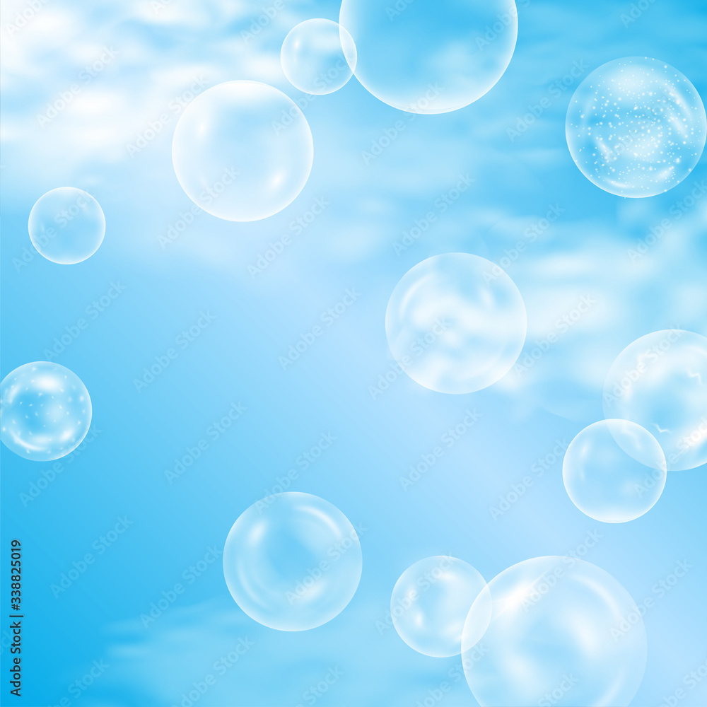 Summer sky with soap bubbles vector background. Clouds and clean dreamy sky poster, banner. Shiny foam spheres floating in the air for relaxed mood, enjoyment, freedom, harmony and happiness concept.