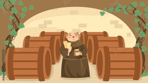 Photo Life in middle ages, cheerfully christian monk, wine cellar, bodega, old male character, flat vector illustration