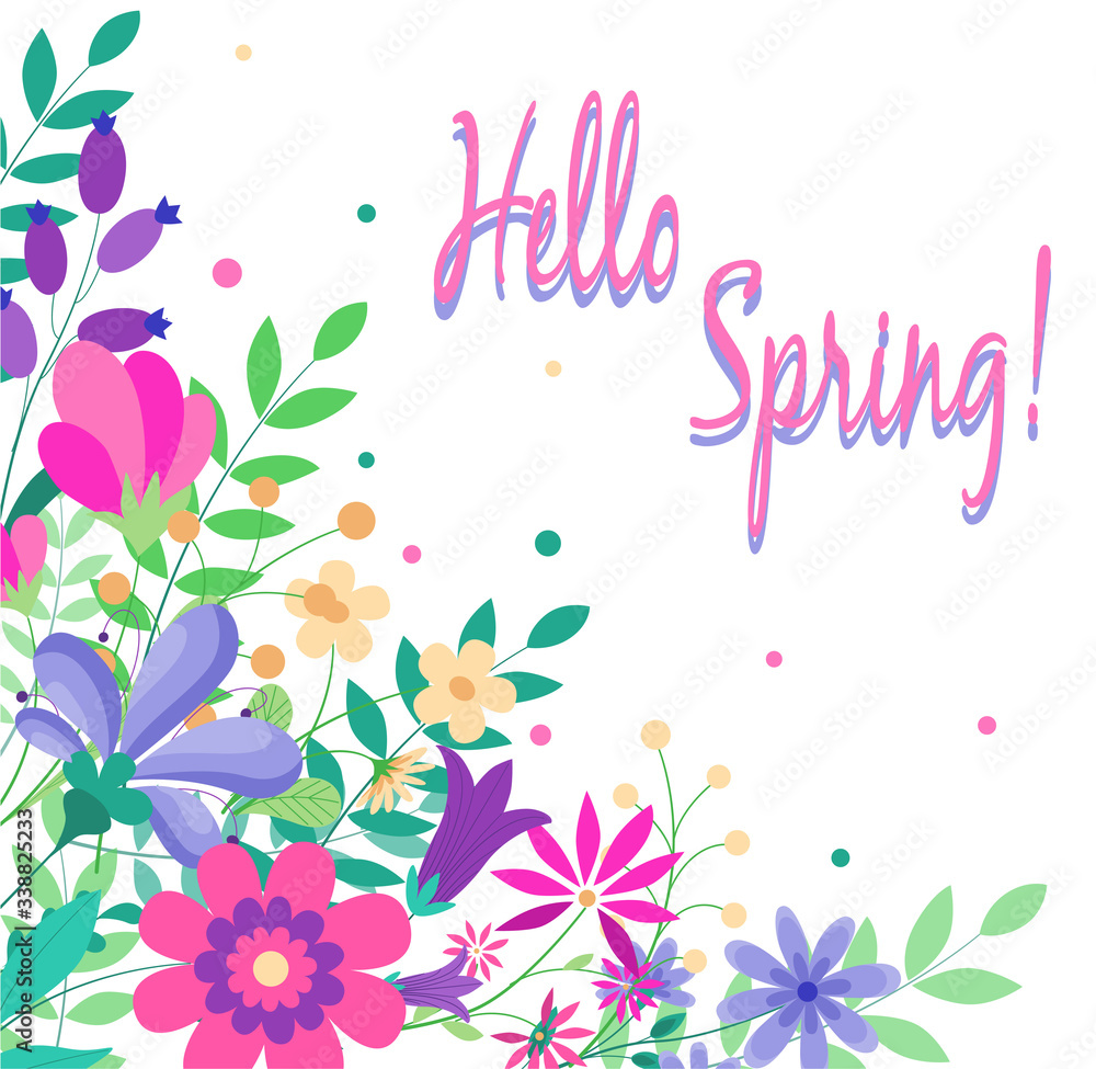 Hello Spring with Flowers Text white Background Hello Spring with Flowers Text white Background