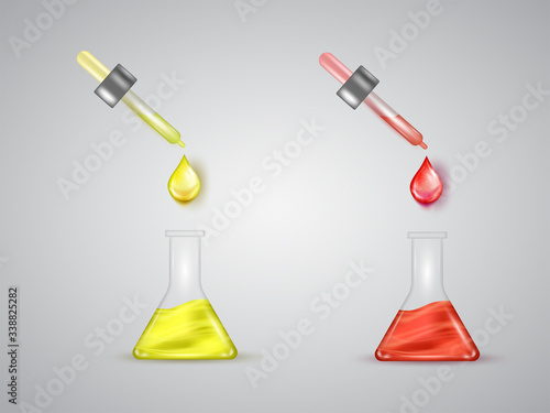 Medical blood and urine tests with pipette and glass flask isolated on white backgroud. Chemical laboratory testing for bacterium, viruses, components. Medical experiments. Biochemistry test poster.