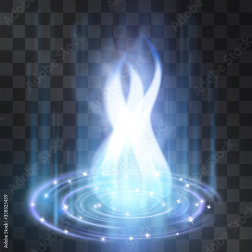 Sci fi neon blue light space travel portal vector isolated on transparent background. Swirling luminous podium for presentation, posters, banners. Magical pedestal with flames, entertainment club ad.