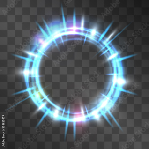 Vector neon blue light effect circle frame with hazy cog flares. Magical glowing cloud of shining sundogs. Glistening energy rings in motion. Luxurious miraculous portal, fairy tale, sci fi theme.