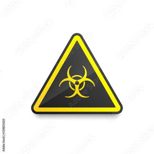 Triangular biohazard sign has black and yellow colors is isolated on a white background. The flat vector illustration, EPS 10.