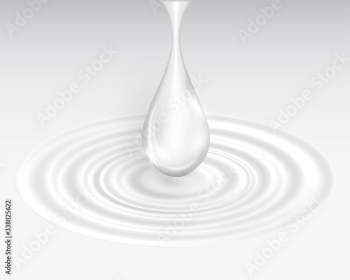 Milk, dairy product white oozing drop or cream beauty product isolated on white ripples background. Vector decorative drawing for ads posters, labels. Shiny liquid close up icon, skin care 3d symbol.