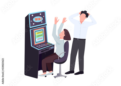 Gambler flat color vector faceless characters. Woman win at slot machine. Man watch female gambler. Person celebrates winning cash. Get jackpot at game of chance. Casino isolated cartoon illustration