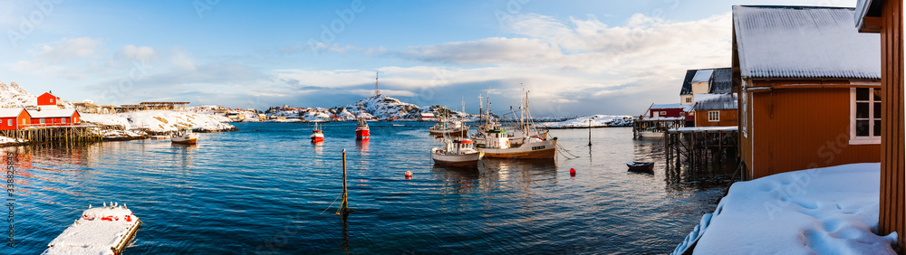 Harbor panorama a sunny winter day, Lofoten Islands, Norway.