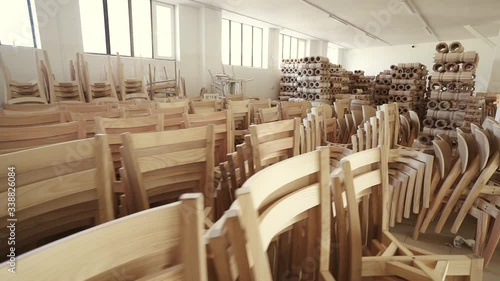 production room, warehouse with chairs, boards and wooden furniture