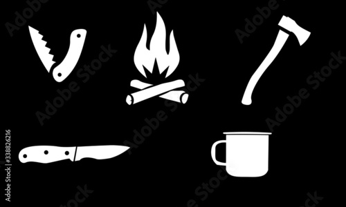 Axe Hatchet Knife Campfire Coffee Cup Wild Camping Outdoor Bushcraft Vector Set of Objects  Icon Symbol 