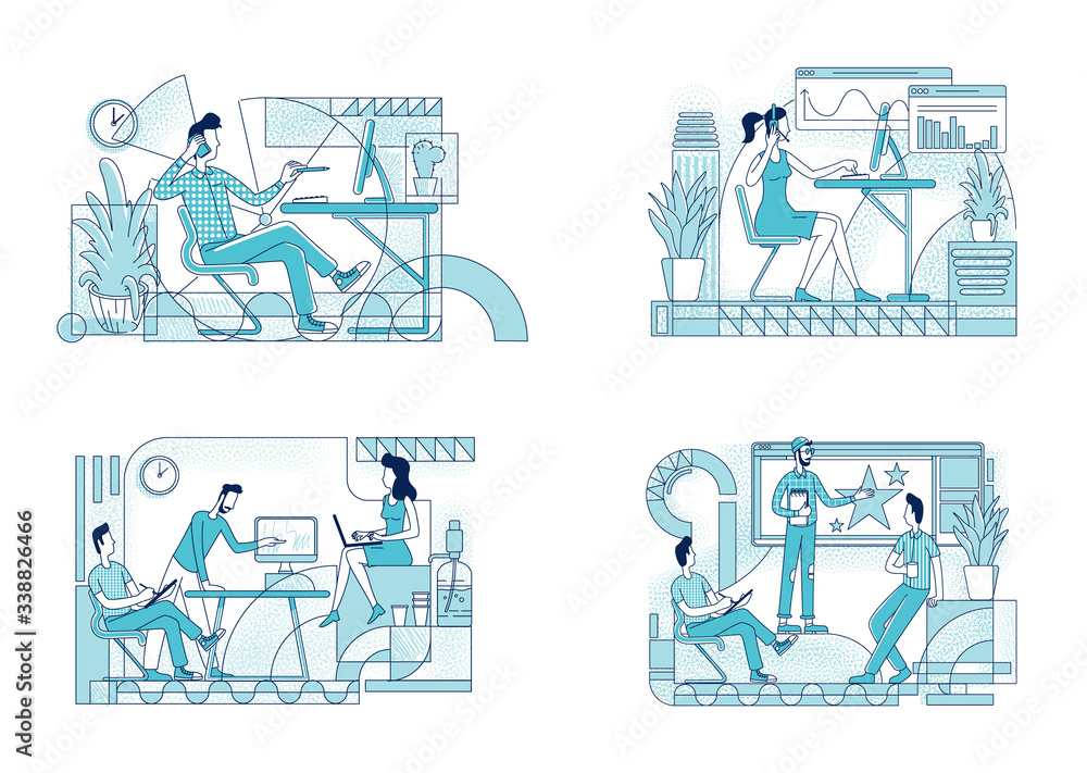 Vetor de Employees coworking flat silhouette vector illustrations set ...