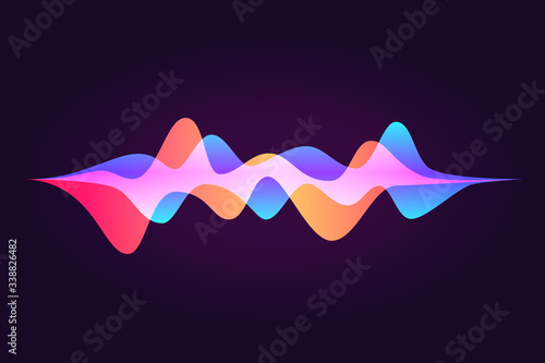Sound wave, abstract colored equalizer, personal ssistant, voice recognition. Smart home ui element. Speaking waveform, vector gradient flow. Futuristic illustration in neon colors.