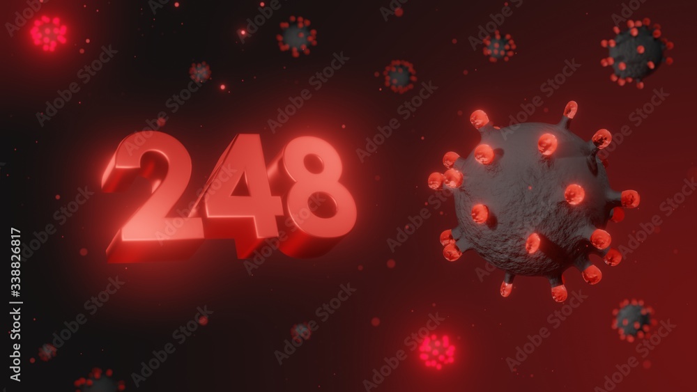 Number 248 in red 3d text on dark corona virus background, 3d render, illustration, virus Number 248 in red 3d text on dark corona virus background, 3d render, illustration, virus