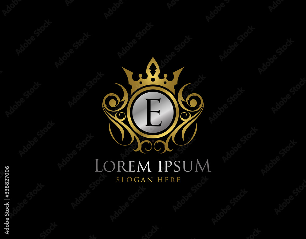 Fototapeta premium Royal Queen E Letter Gold Logo, Golden E Classic Crown.