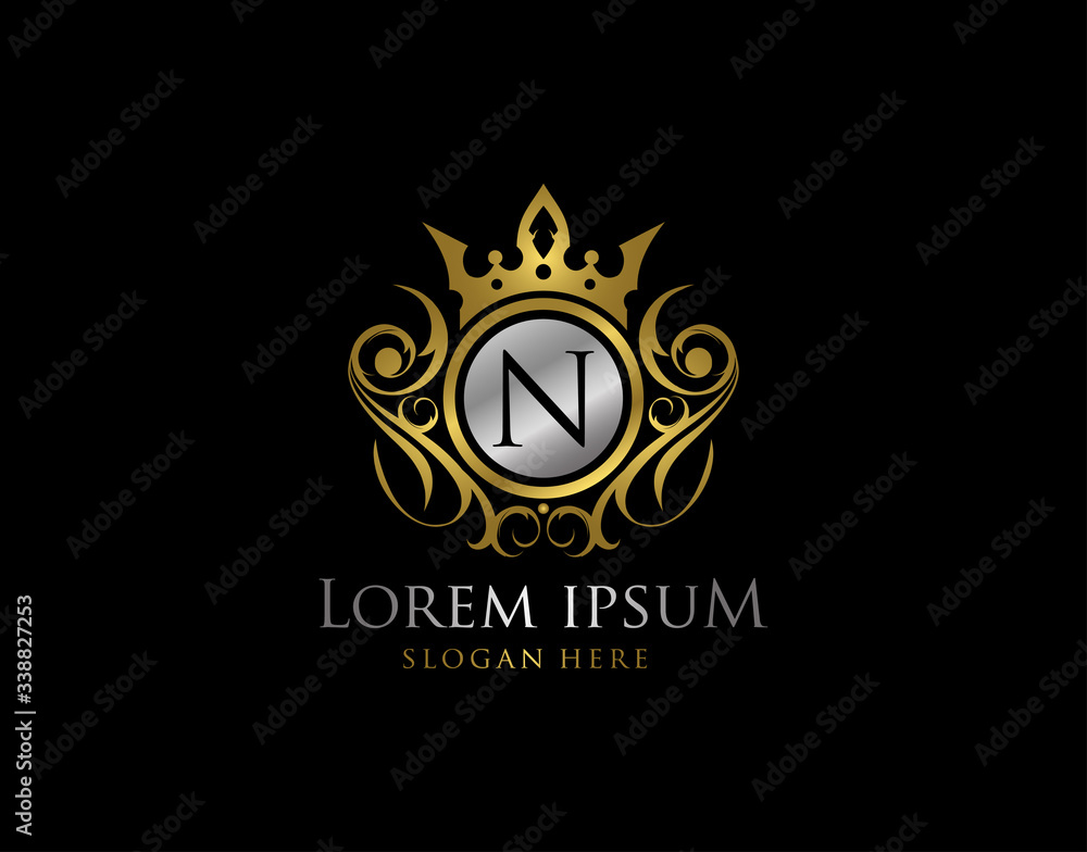 Royal Queen N Letter Gold Logo, Golden N Classic Crown. Royal Queen N Letter Gold Logo, Golden N Classic Crown.