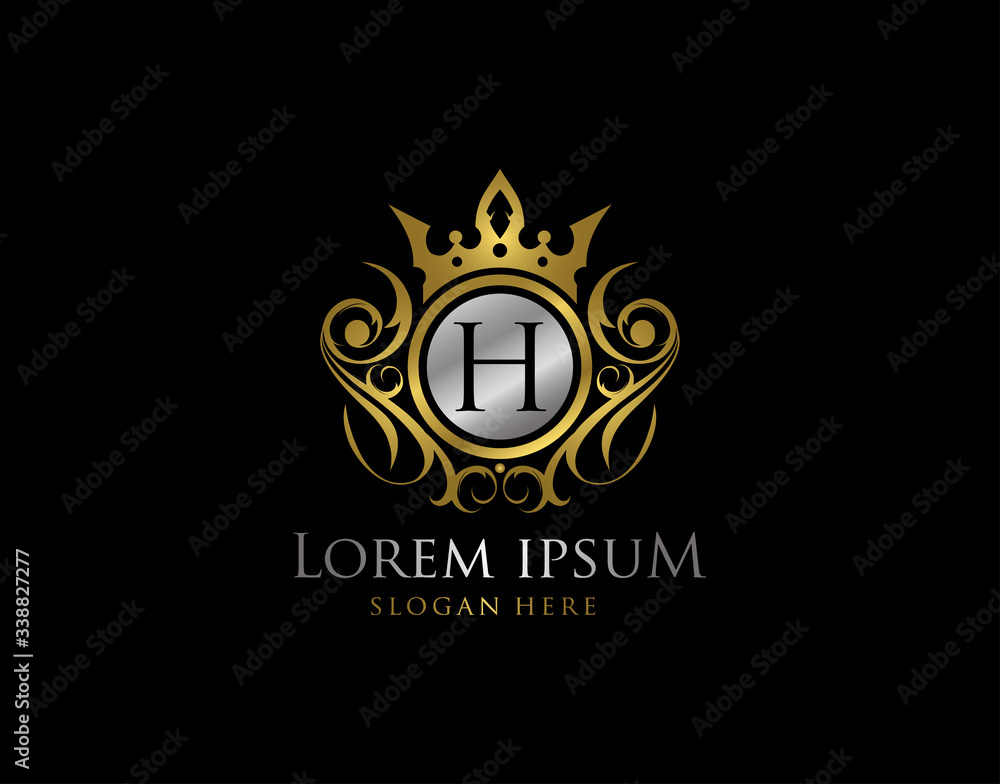 Royal Queen H Letter Gold Logo, Golden H Classic Crown.