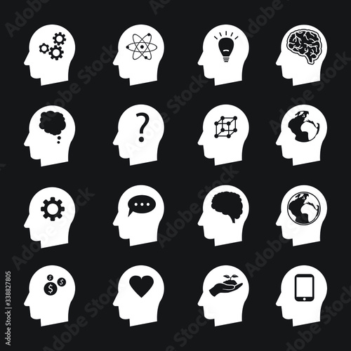 Man head mind thinking vector icon set, ecology, money, connection, love and others