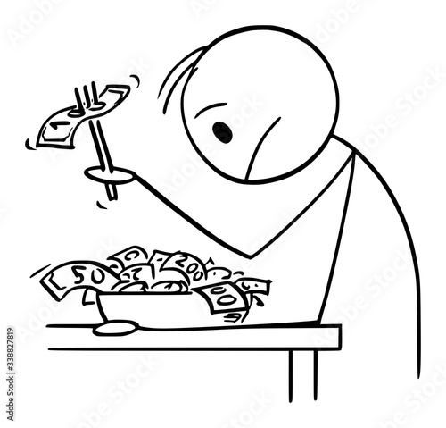 Vector cartoon stick figure drawing conceptual illustration of rich man or businessman with cash on plate, trying to eat money during crisis and shortage of food.