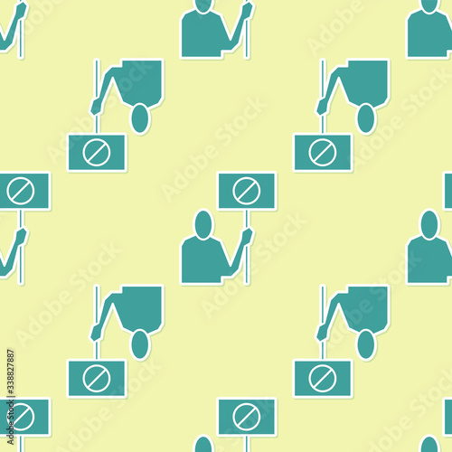Green Nature saving protest icon isolated seamless pattern on yellow background. Earth planet protection, environmental issues demonstration.  Vector Illustration
