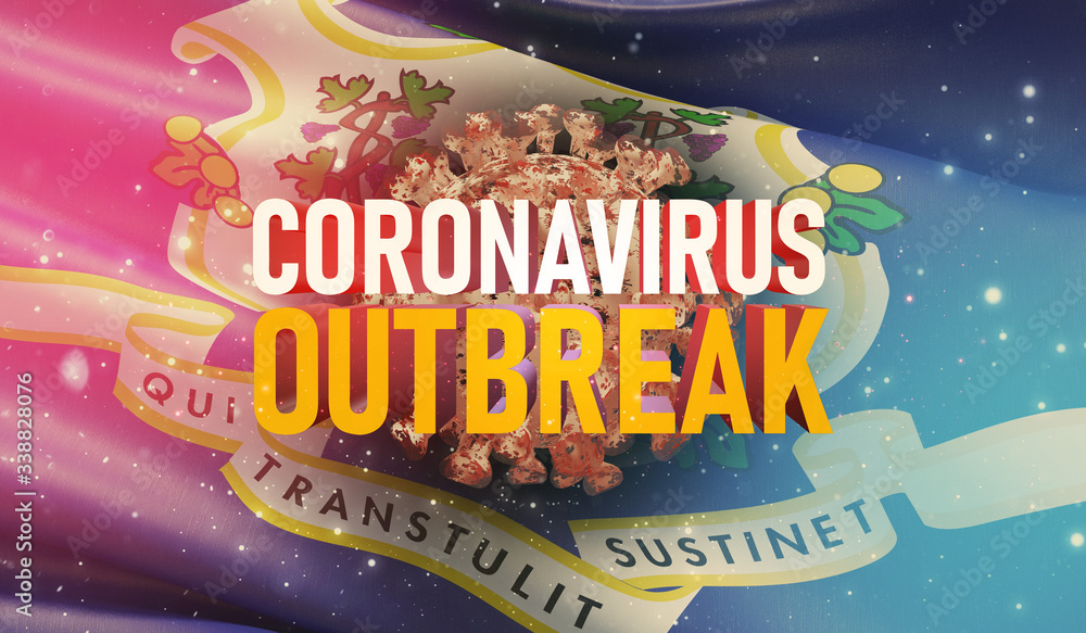 Coronavirus COVID-19 outbreak concept, background with flags of the states of USA. State of Connecticut flag. Pandemic stop Novel Coronavirus outbreak covid-19 3D illustration.