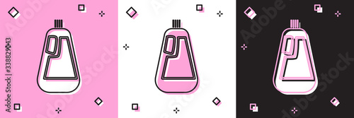 Set Plastic bottle for liquid laundry detergent, bleach, dishwashing liquid icon isolated on pink and white, black background.  Vector Illustration