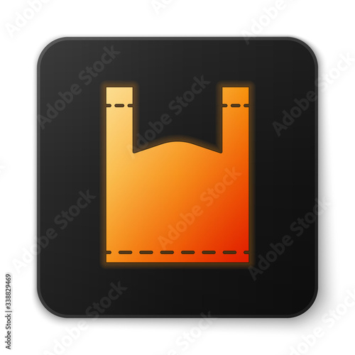 Orange glowing neon Plastic bag icon isolated on white background. Disposable cellophane and polythene package prohibition sign. Black square button. Vector Illustration