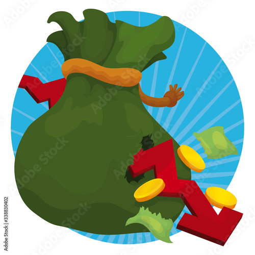 Pierced Money Bag by Arrow due Economic Crisis, Vector Illustration