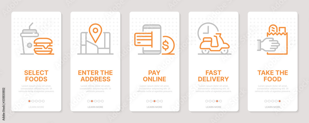 Food delivery related vertical cards. Mobile app onboarding screens. Templates for a website. Icons with editable stroke