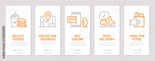 Food delivery related vertical cards. Mobile app onboarding screens. Templates for a website. Icons with editable stroke