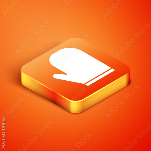 Isometric Oven glove icon isolated on orange background. Kitchen potholder sign. Cooking glove.  Vector Illustration