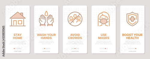 Coronavirus related vertical cards. Mobile app onboarding screens. Templates for a website. Icons with editable stroke