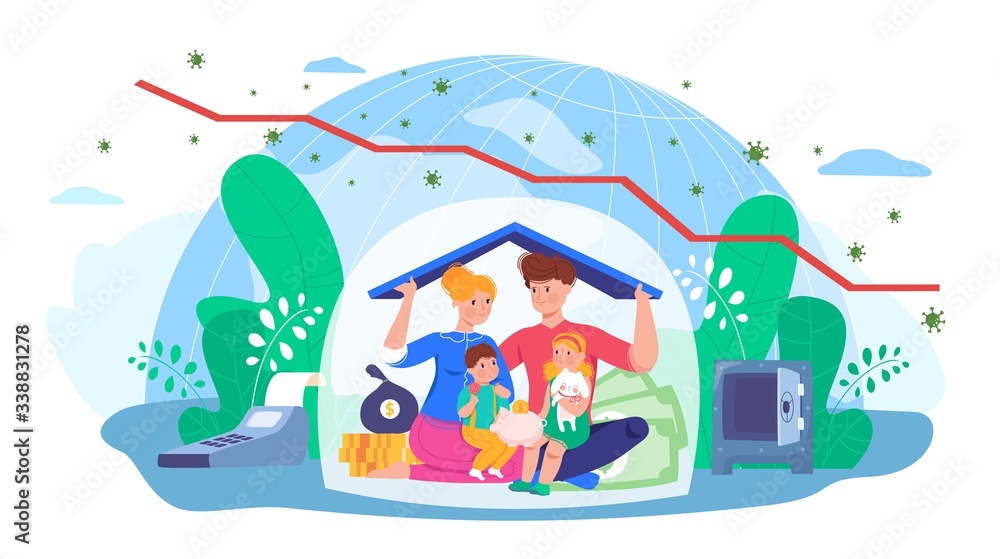 Obraz premium Family protection from covid-19 virus in self-isolation vector illustration. Quarantine, crisis, social distance. Husband and wife hold house roof, protection from global penetrating germ, children