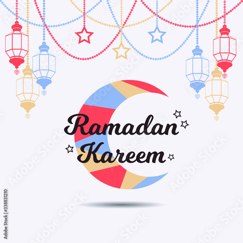 Ramadan kareem greeting with turkish islamic lantern decoration. Flat style colorful vector. Eid greeting.