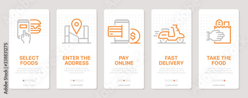 Food delivery related vertical cards. Mobile app onboarding screens. Templates for a website. Icons with editable stroke
