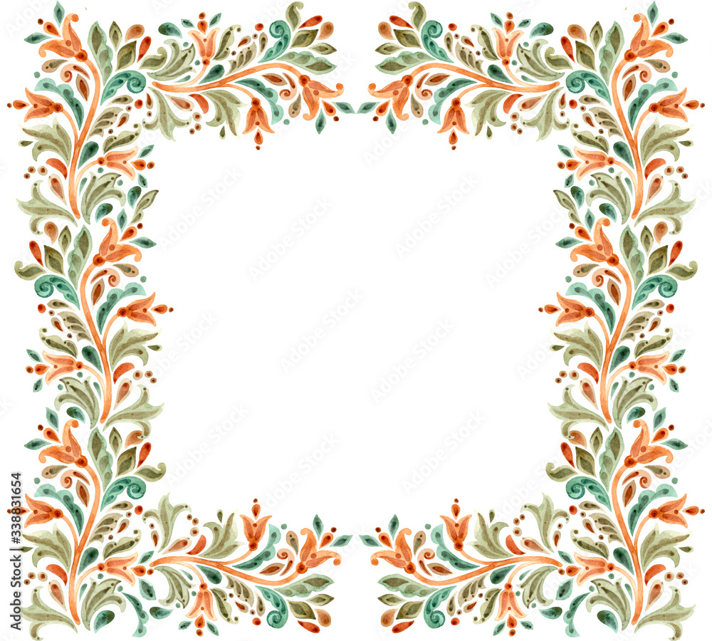 The frame of plants and flowers, folk motifs. The ornament on a white background