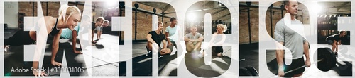 Collage of smiling people exercising in a gym together