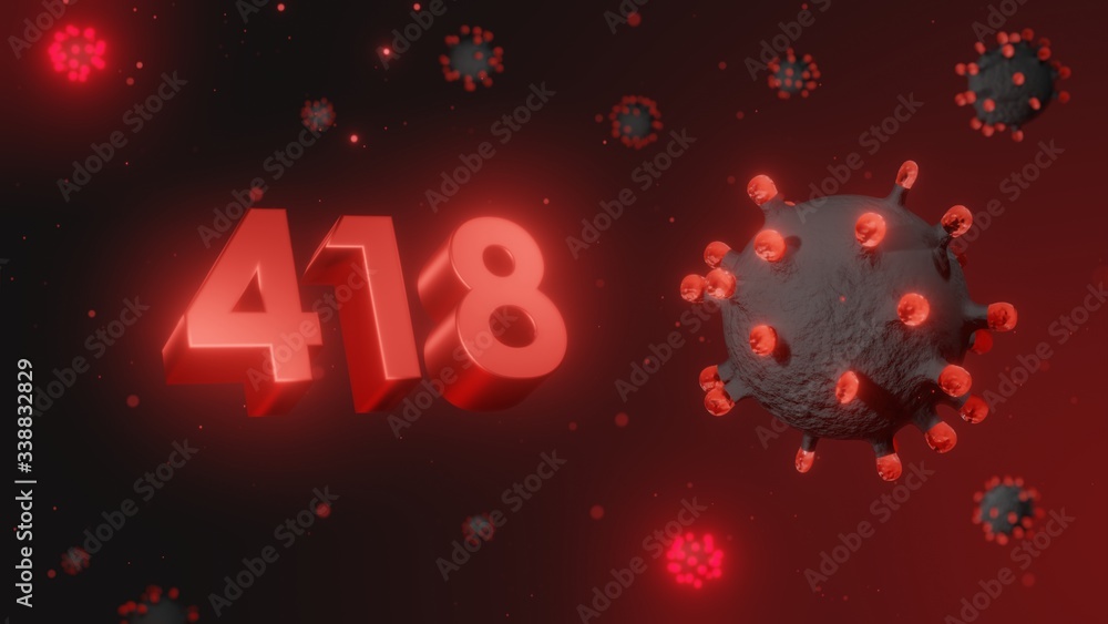 Number 418 in red 3d text on dark corona virus background, 3d render, illustration, virus Number 418 in red 3d text on dark corona virus background, 3d render, illustration, virus