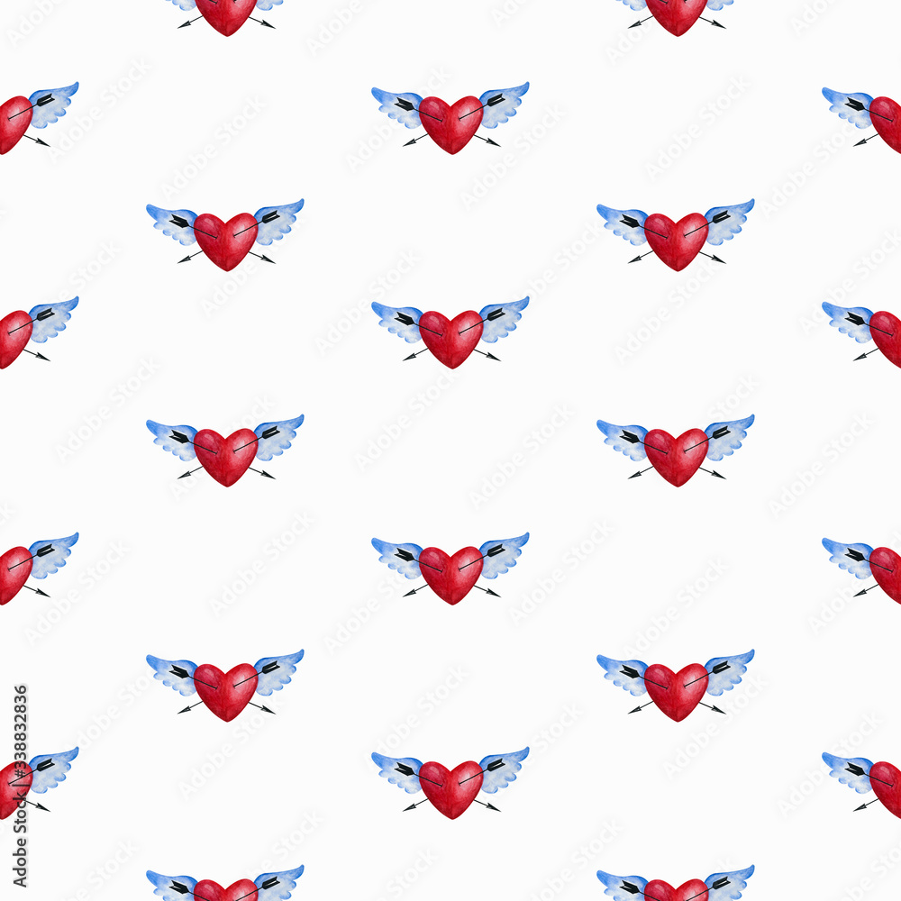 Valentine seamless red heart pattern. Watercolor hand painted love symbol with blue wings and black arrows. Suitable for decorative usage, wrapping paper, background, package, textile. Valentine seamless red heart pattern. Watercolor hand painted love symbol with blue wings and black arrows. Suitable for decorative usage, wrapping paper, background, package, textile.