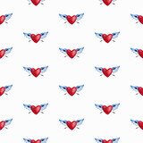 Valentine seamless red heart pattern. Watercolor hand painted love symbol with blue wings and black arrows. Suitable for decorative usage, wrapping paper, background, package, textile.