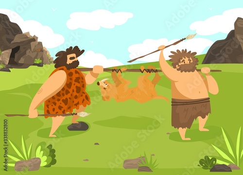 Character male hunting wild animal, prehistoric time, man with spear, flat vector illustration. Ancient tribe on hunt, wildlife nature, hunter in skin predator, design banner for old ages.