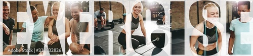 Fototapeta Naklejka Na Ścianę i Meble -  Collage of people smiling while exercising together in a gym