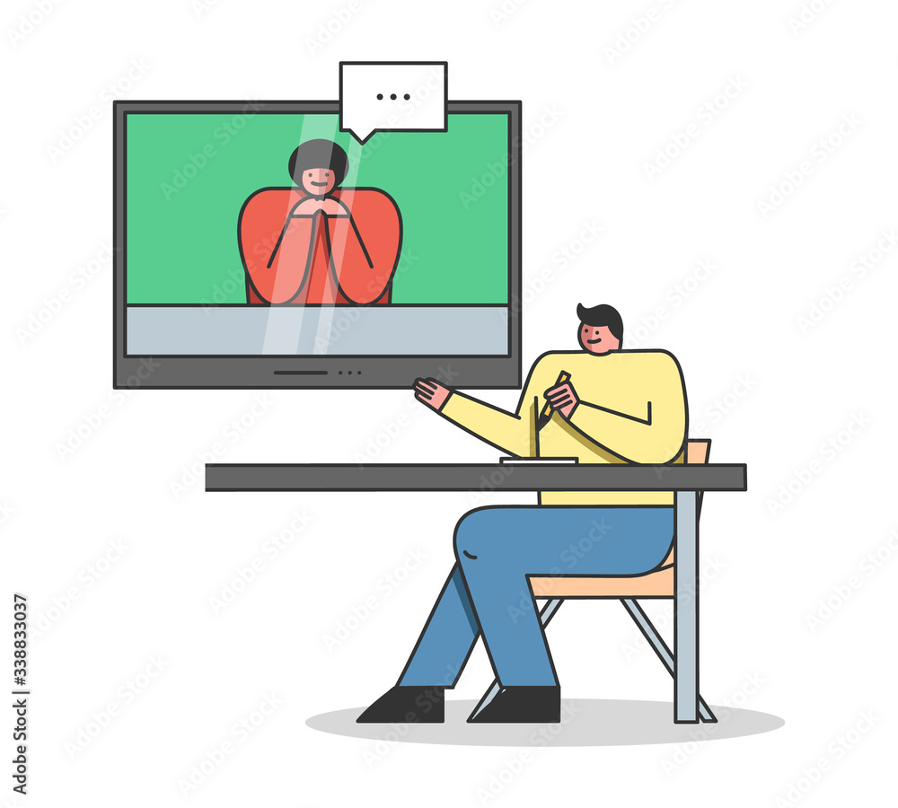 Concept Of Video Conference Or Webinar. Male Character Takes An Online Course Or Video Business Conference With Instructor For Online Education. Cartoon Linear Outline Flat Style Vector Illustration Concept Of Video Conference Or Webinar. Male Character Takes An Online Course Or Video Business Conference With Instructor For Online Education. Cartoon Linear Outline Flat Style Vector Illustration