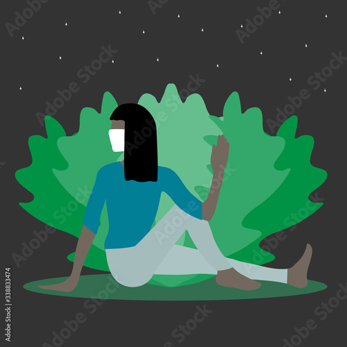 COVID-19 self isolation. Woman in mask doing yoga exercise on outdoors at night under the starry sky. Marichyasana. Marichi’s Pose. Relaxation in nature. Asana for body and soul. Vector flat art.