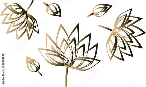 Golden gradient. A group of flowers and buds is outlined. Lotus lily peony.