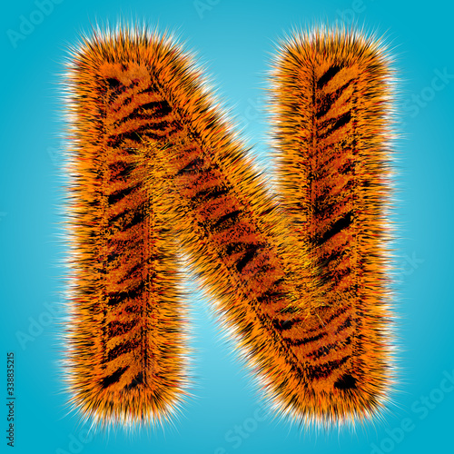 Tiger english alphabet and number 3D rendering of funny fur font isolated on blue background. Halloween concept. 3d illustration