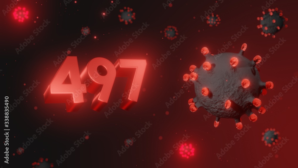 Number 497 in red 3d text on dark corona virus background, 3d render, illustration, virus Number 497 in red 3d text on dark corona virus background, 3d render, illustration, virus
