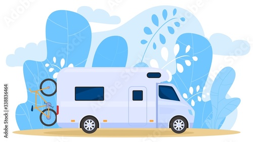 House on wheels, traveling truck, carries bicycle, camper wagon, palm tree leaf background, vector illustration. Free vacation, travel around country by car, design banner, trip exploring world.