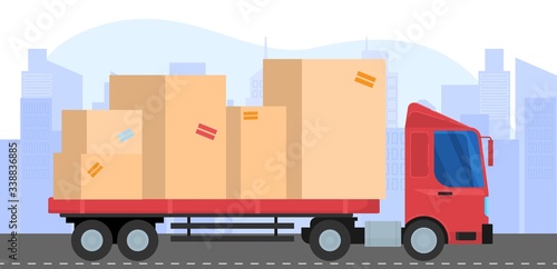 Fast delivery shipping van truck lorry flat style design car. Vector illustration. City background and landscape. Delivery truck red color with big boxes